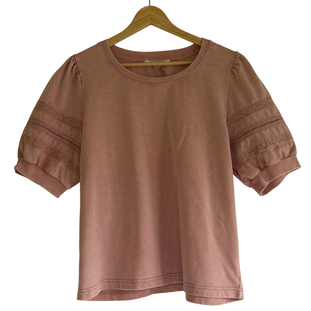 Jane + Delancey Rose Pink Short Puff Sleeve Eyelet Lace Sweatshirt Top Large
